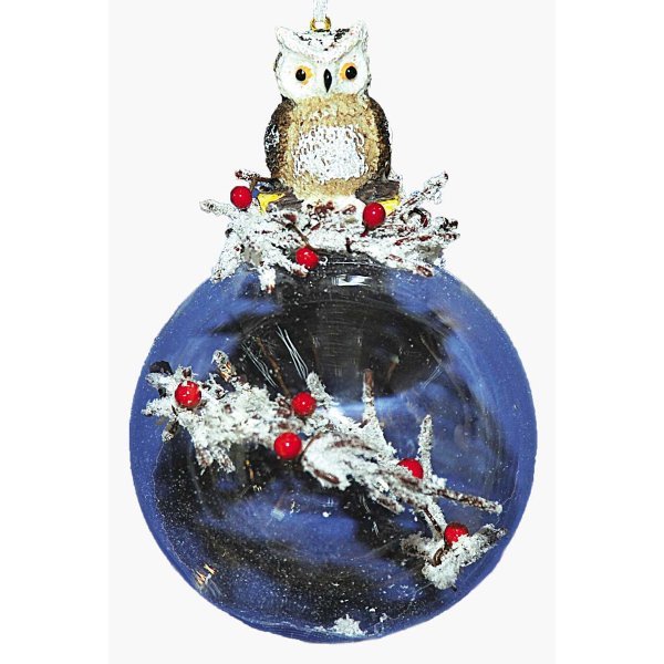 Χριστουγεννιάτικη Γυάλινη Μπάλα Διάφανη, με Κεραμική Κουκουβάγια (10cm)
